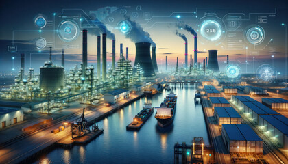 futuristic view of an industrial harbor at twilight, with advanced energy facilities including...