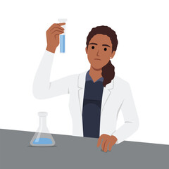 Young woman medical scientist works with the blue sample. Flat vector illustration isolated on white background