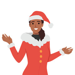 Beautiful woman wearing Santa Claus suit. Flat vector illustration isolated on white background