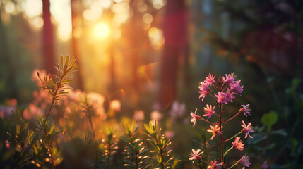 sunset in the forest with wild frowers