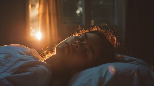 A young woman sleeping an the fist shines of the golden sun light her