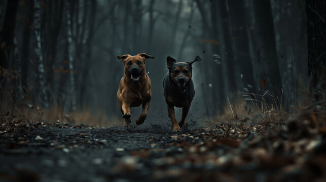 scary wild dogs at the dark forest running after you and ready to attac 