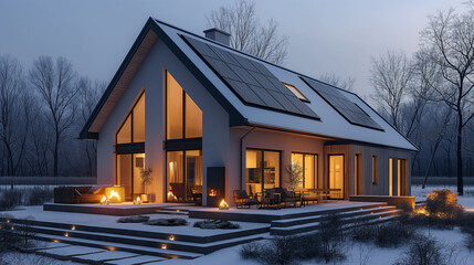 A modern smart home with energy-efficient appliances, illuminated by LED lights, solar panels adorning the roof, and a smart thermostat regulating usage