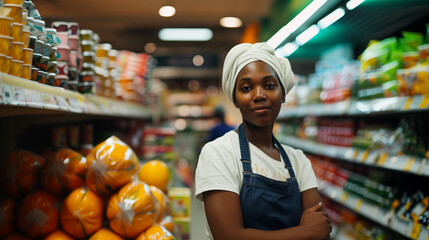 Grocery store worker woman look at the camera in the store
