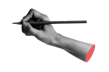 Trendy hand holding a pencil, abstract cutout hand halftone collage element for design montage