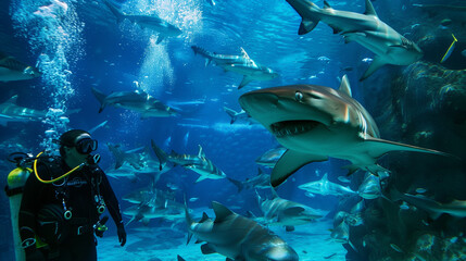 Fototapeta premium Scuba diver with sharks arround