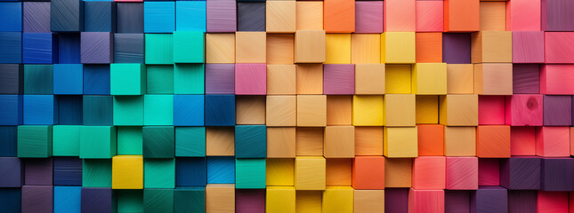 Abstract colorful geometric rainbow colors colored 3d wooden square cubes texture wall background - obrazy, fototapety, plakaty