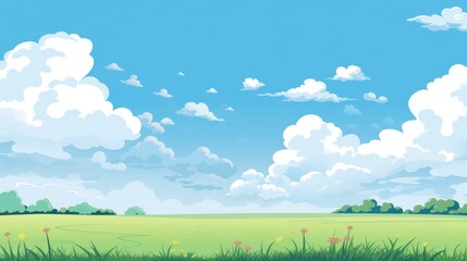 Grass Field landscape with blue sky and white cloud. Blue sky clouds sunny day wallpaper. Cartoon illustration of a Grass Field with blue sky in Summer. green field in a day. 