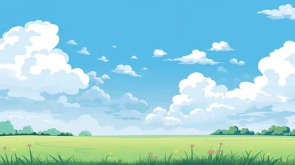 Poster Grass Field landscape with blue sky and white cloud. Blue sky clouds sunny day wallpaper. Cartoon illustration of a Grass Field with blue sky in Summer. green field in a day.  © jokerhitam289