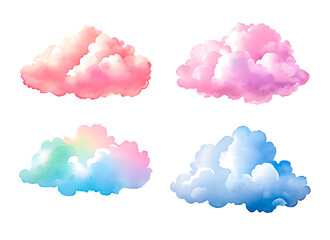 Set of fluffy colorful clouds in watercolor painting style. In pastel colors. Storybook like design. Isolated on transparent background. Pink, rainbown-like and blue clouds.