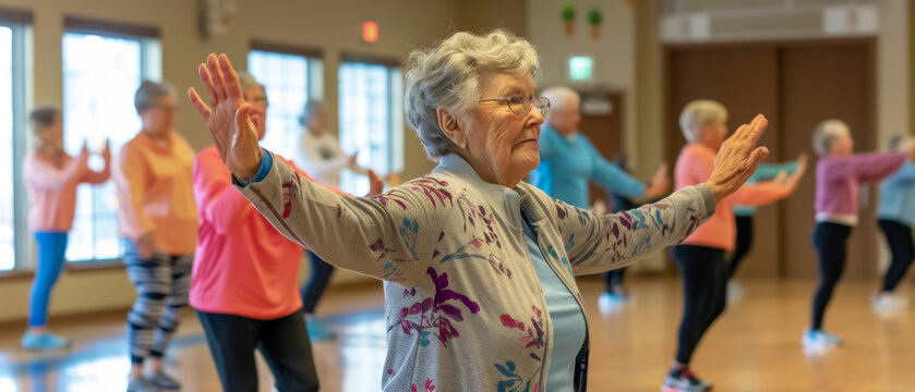 Seniors in sync during a Tai Chi class, embodying grace and vitality.
