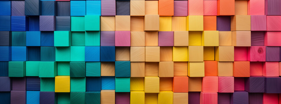 Fototapeta Abstract colorful geometric rainbow colors colored 3d wooden square cubes texture wall background