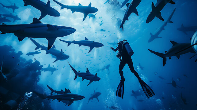 Scuba diver with sharks arround