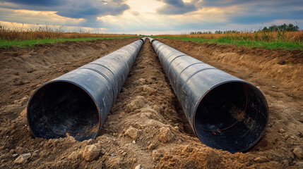 A detailed view of a pipe partially buried in the dirt. This image can be used to depict construction, plumbing, or infrastructure projects