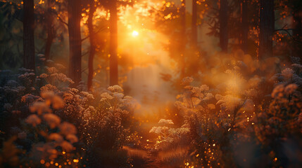 Beautiful forest sunset with fog and beautiful flowers