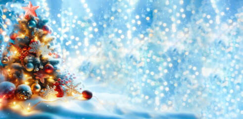Fototapeta premium Christmas background, garland lights toys snowflakes snow glare night