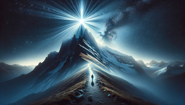 solitary figure on a mystic journey ascending a mountain path towards a bright beacon at the peak.