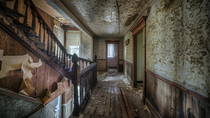 old shabby hallway in an abandoned farmhouse