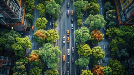 An aerial view of a smart city with eco-friendly transportation options such as electric cars and bike lanes