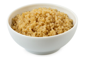 Cooked white quinoa in a white ceramic bowl isolated on white.