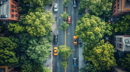 An aerial view of a smart city with eco-friendly transportation options such as electric cars and bike lanes - obrazy, fototapety, plakaty