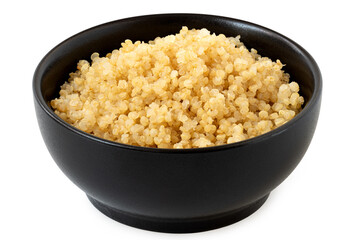 Cooked white quinoa in a black ceramic bowl isolated on white. - 765785749