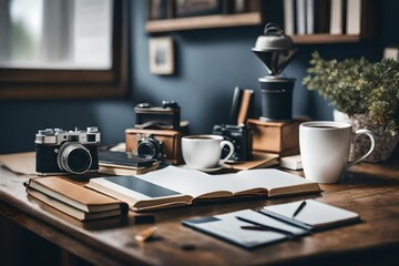 cup of coffee and notebook - obrazy, fototapety, plakaty