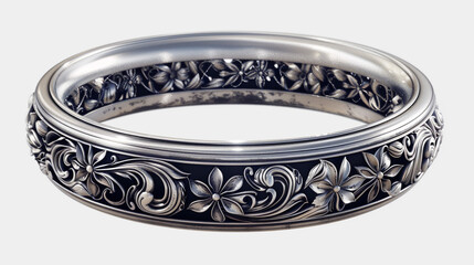 Sleek silver bangle adorned with intricate floral patterns on a transparent background.