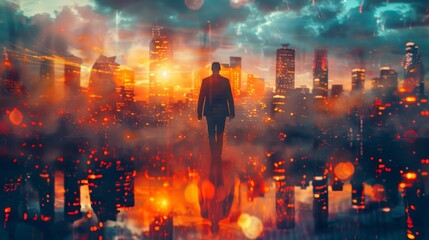 An artistic double exposure of a businessman walking towards a bright future skyline