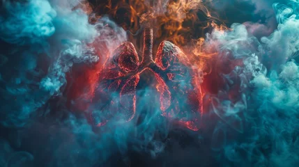 Tuinposter An artistic representation of lungs surrounded by dark smoke, symbolizing air pollution caused by smoking and its impact on respirators © Media Srock