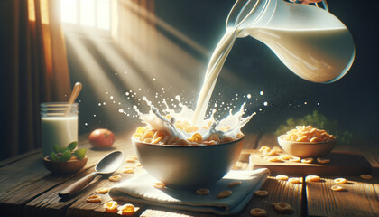 pouring milk into a bowl of cereal. - obrazy, fototapety, plakaty
