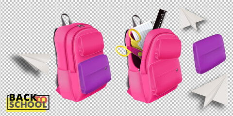 Realistic school bag with stationery. Back to school ad poster template. - 765786123