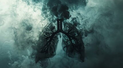 An artistic representation of lungs surrounded by dark smoke, symbolizing air pollution caused by smoking and its impact on respirators