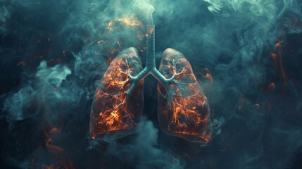 An artistic representation of lungs surrounded by dark smoke, symbolizing air pollution caused by smoking and its impact on respirators - obrazy, fototapety, plakaty