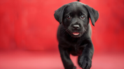 Cute black lab puppy with a red background