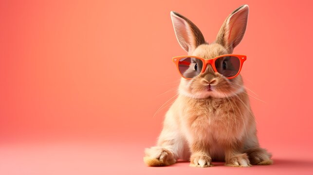 A bunney wearing sunglass. orange background. rabbit wearing sunglass