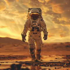 Astronaut on walking on mars in a space suit