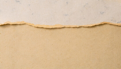 Close-up of a torn edge of aged, textured paper with natural, uneven borders and a warm tone. - obrazy, fototapety, plakaty