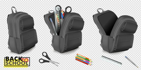 School backpack. Black and white rucksack. Front view travel bag. 3d vector mockup isolated - 765786365