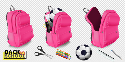 Realistic school bag with stationery. Back to school ad poster template. - 765786540