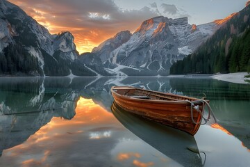 Sunset time. Wooden boat on the crystal lake with majestic mountain behind. Scenic morning lake and mountains background. - obrazy, fototapety, plakaty