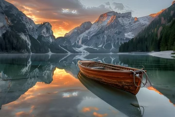 Foto op Canvas Sunset time. Wooden boat on the crystal lake with majestic mountain behind. Scenic morning lake and mountains background. © Penatic Studio