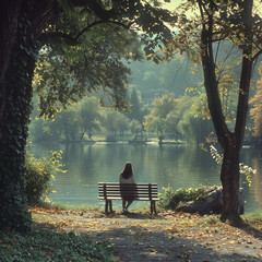 Woman sitting in front of a lake in a serene environment 