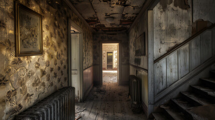 Fototapeta na wymiar old shabby hallway in an abandoned farmhouse