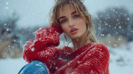 Portrait of a female model in a red shirt outside in the snow with snow falling all around
