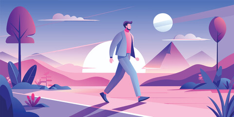 Urban Stroll - A Man Walking in a Vibrant Cityscape Vector Illustration