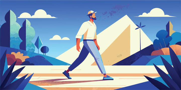 Urban Stroll - A Man Walking in a Vibrant Cityscape Vector Illustration