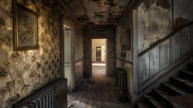 old shabby hallway in an abandoned farmhouse