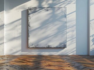 square canvas on a white wall in an exhibition with shadows