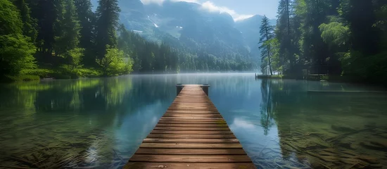 Tuinposter Wooden dock on the lake surrounded by a beautiful mountains. with natural clear water views. © Penatic Studio